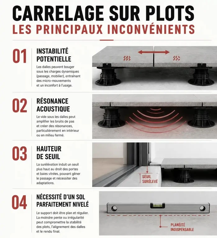 Infographie des inconvénients du carrelage sur plots pour terrasse