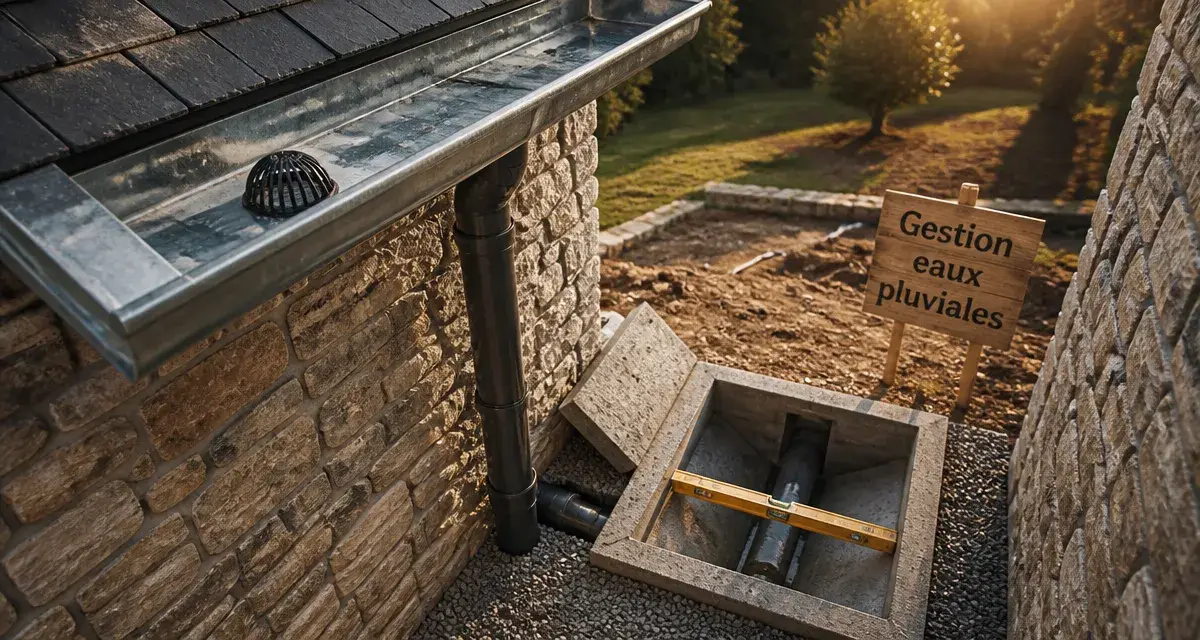 Évacuation eaux pluviales : gouttière et descente avec pente correcte