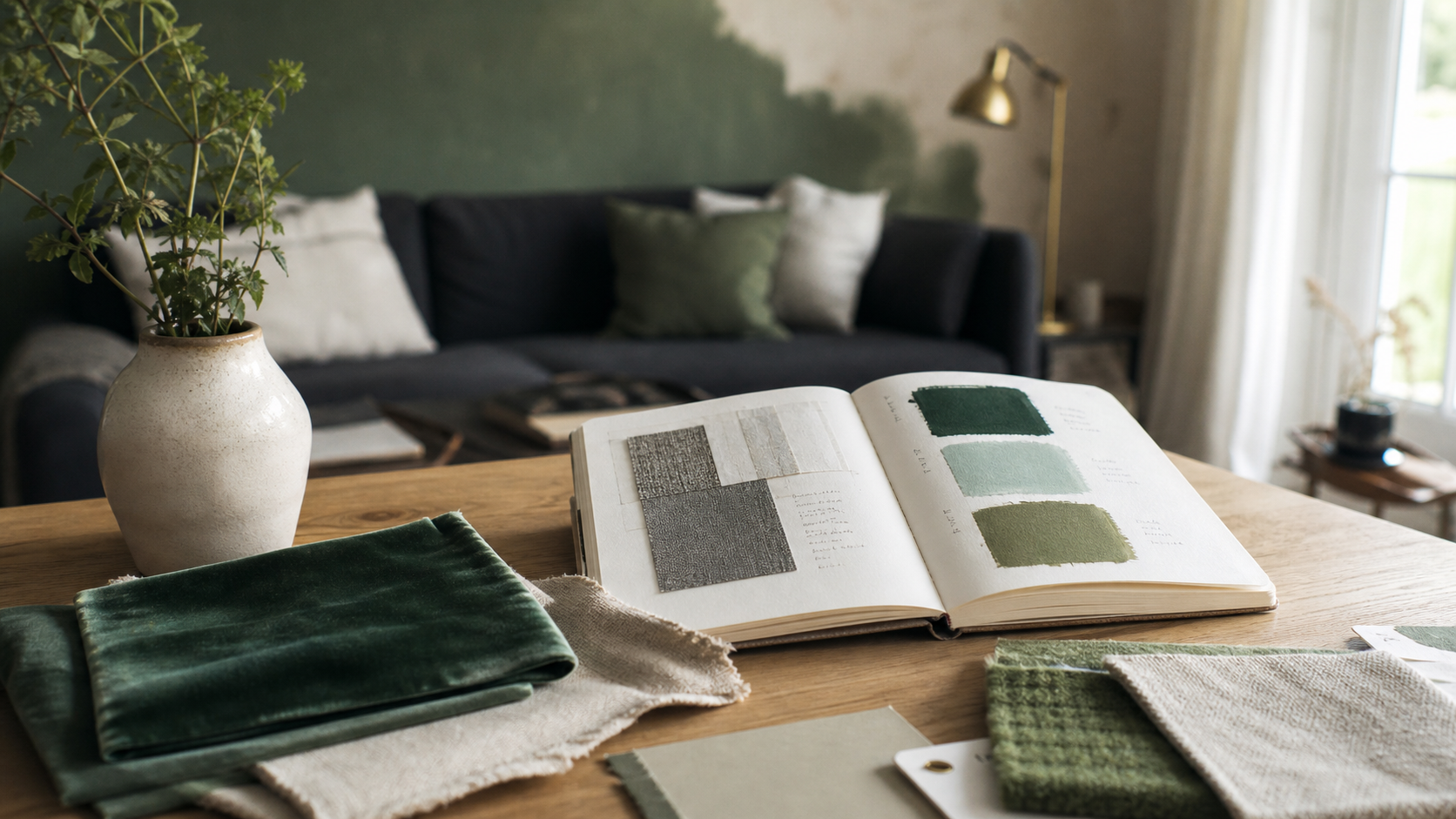le vert se marie avec quelle couleur : verts, gris anthracite et beige crème en déco