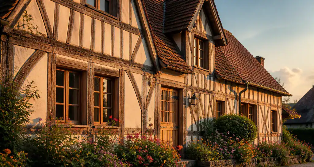 façade maison à colombage sous soleil