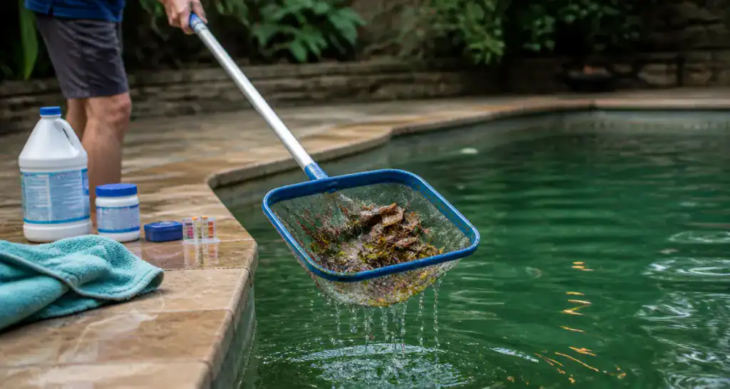 nettoyer piscine verte avec épuisette et produits