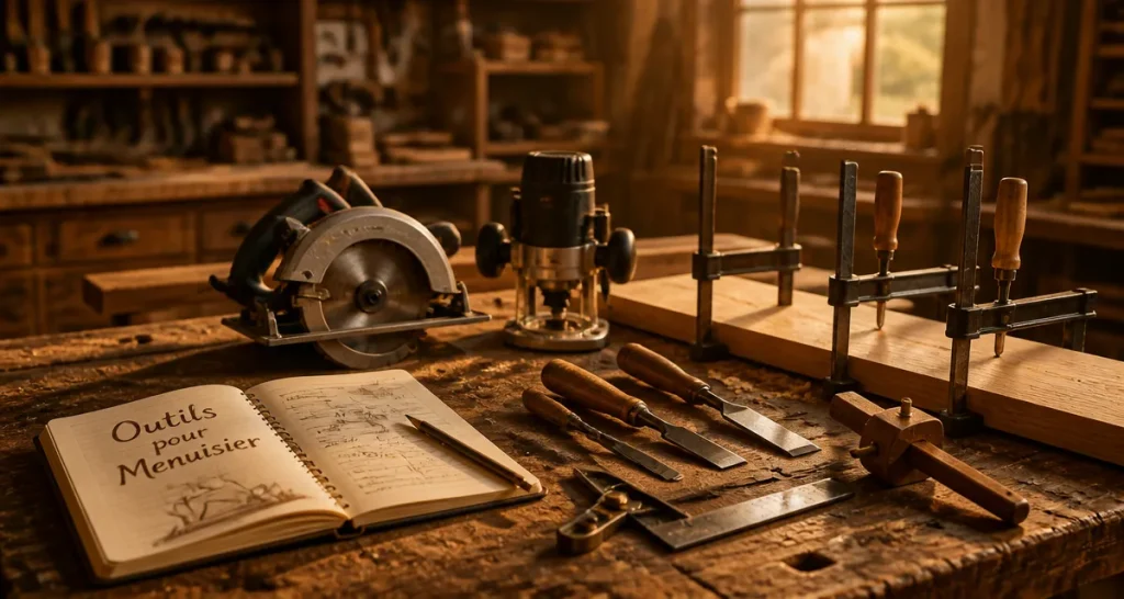 outils pour menuisier sur établi en bois