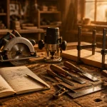 outils pour menuisier sur établi en bois