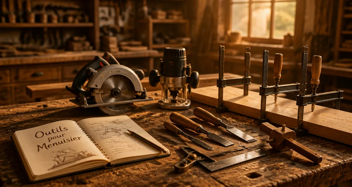 outils pour menuisier sur établi en bois