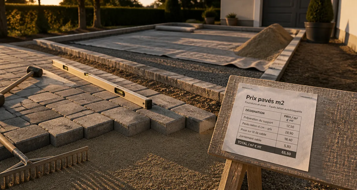 Pose pavé prix m2 : pavés béton en cours de pose sur sable