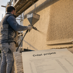 Prix crepi maison 100m2 : artisan projette un crépi sur la façade