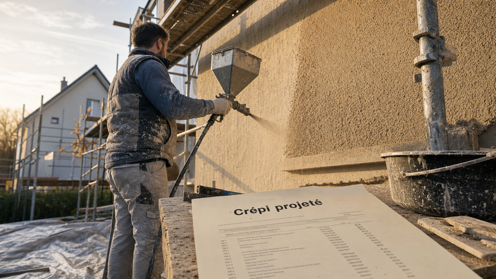 Prix crepi maison 100m2 : artisan projette un crépi sur la façade