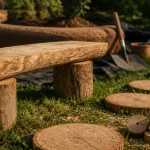 Banc DIY en rondins de bois dans le jardin, tranches pour pas japonais