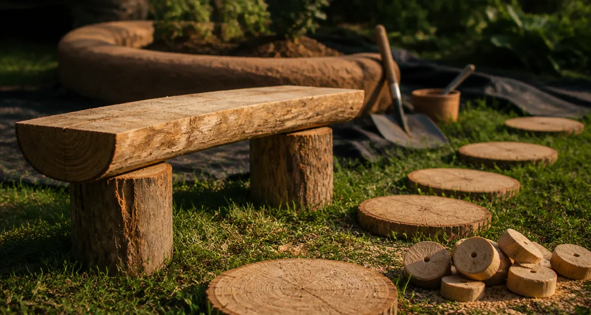 Banc DIY en rondins de bois dans le jardin, tranches pour pas japonais