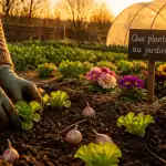 que peut on planter dans le jardin en ce moment mains plantant laitues et bulbes