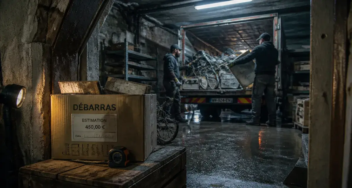 Tarif pour débarrasser une cave : techniciens chargent des objets dans un camion-benne