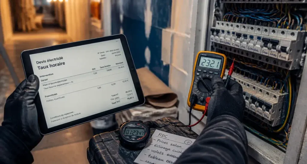 Taux horaire electricien : devis et multimètre sur tableau électrique
