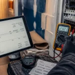 Taux horaire electricien : devis et multimètre sur tableau électrique
