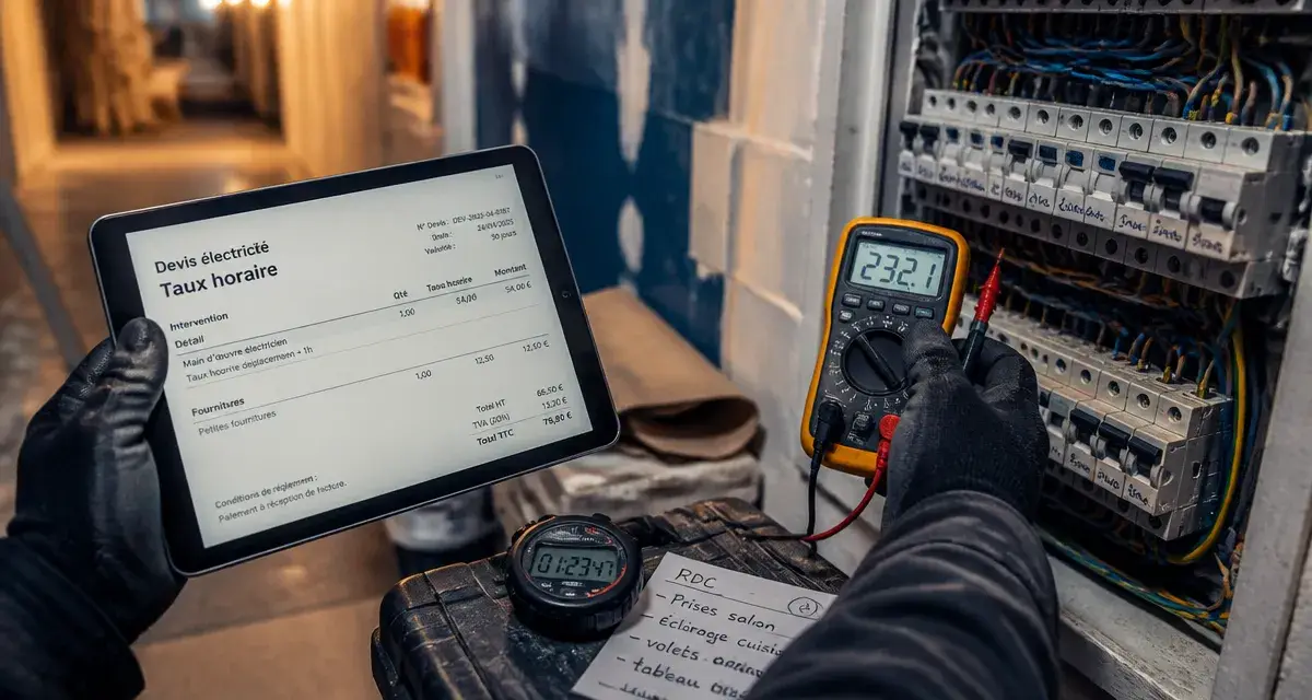 Taux horaire electricien : devis et multimètre sur tableau électrique