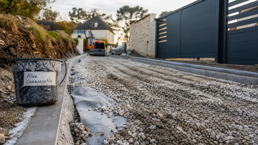Allée carrossable pas chere : gravier sur fondation et géotextile