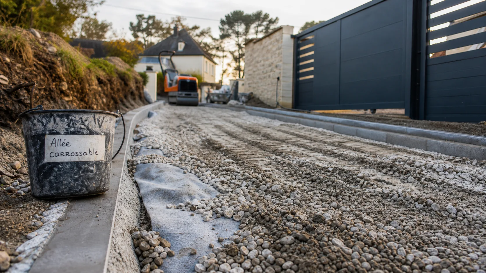Allée carrossable pas chere : gravier sur fondation et géotextile