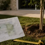 Arbre a planter pour jardin à ombre : jeune arbre planté avec mètre ruban