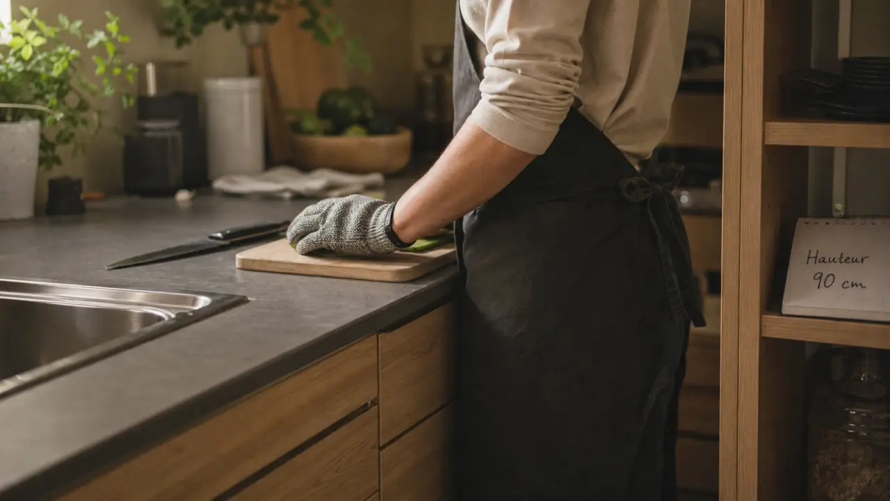 Cuisine hauteur plan de travail 90 cm : plan de travail et évier inox