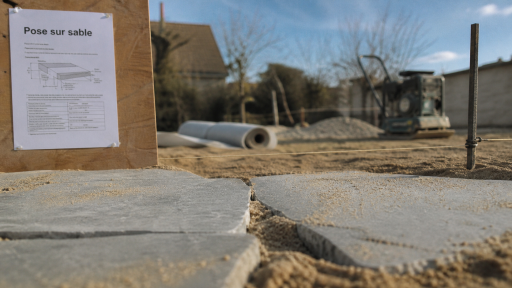 Dalles sur sable posées sur lit de sable, chantier terrasse stable