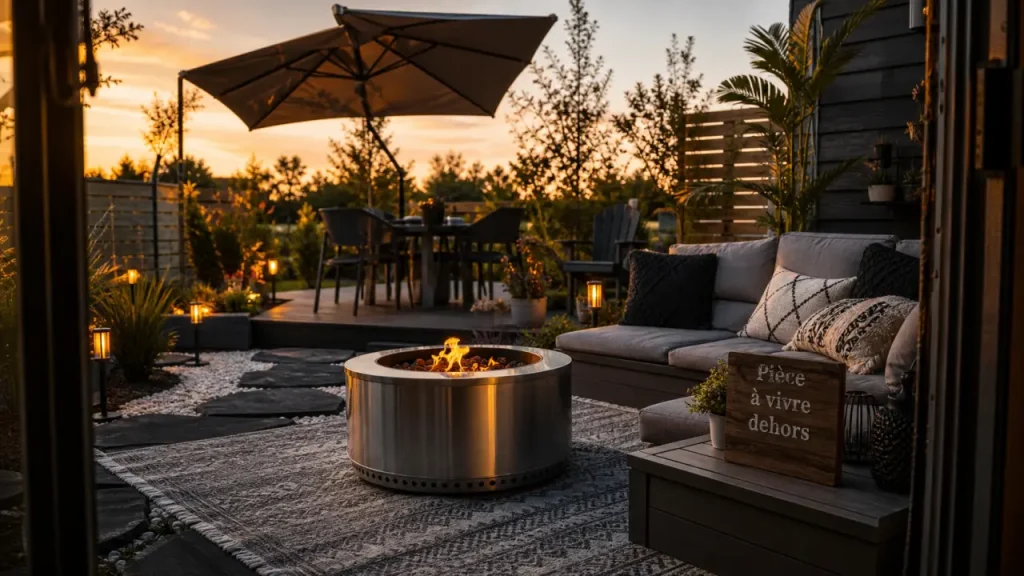 Déco jardin extérieur : terrasse éclairée golden hour, salon et bordure