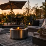 Déco jardin extérieur : terrasse éclairée golden hour, salon et bordure