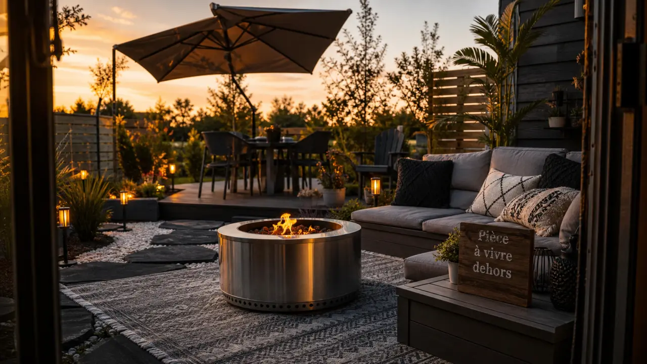 Déco jardin extérieur : terrasse éclairée golden hour, salon et bordure
