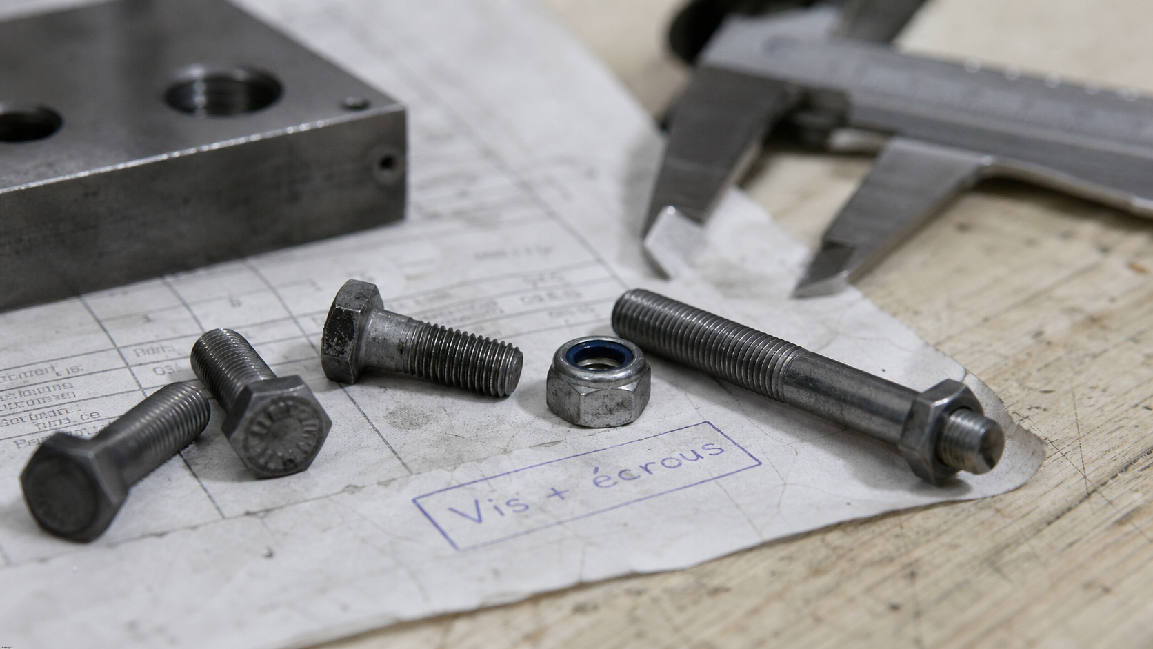 Ecrou vis boulon : vis à tête hexagonale et écrou sur fiche atelier