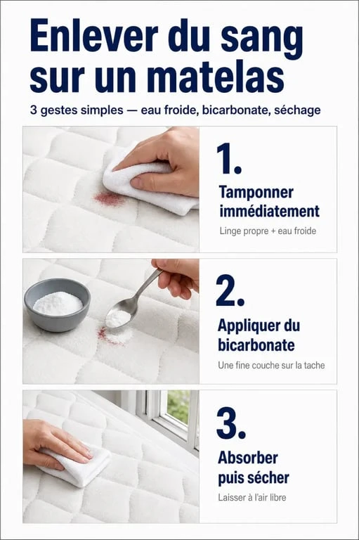 Comment enlever sang sur matelas : illustration des étapes pour tamponner à l’eau froide, traiter au bicarbonate puis sécher