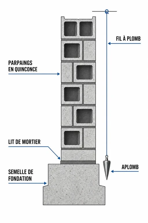 Schéma technique des étapes pour monter un mur en parpaing