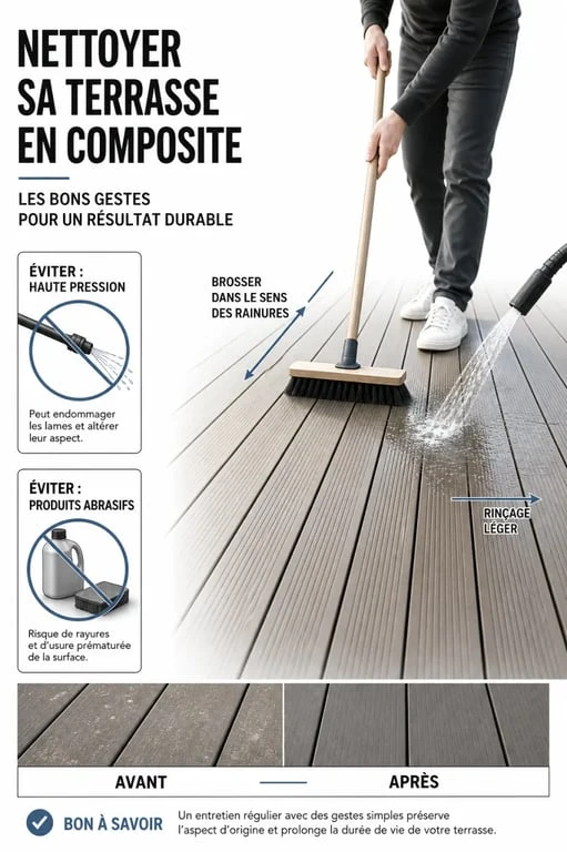 Nettoyer terrasse en composite : illustration des gestes sûrs pour brosser et rincer sans abîmer les lames