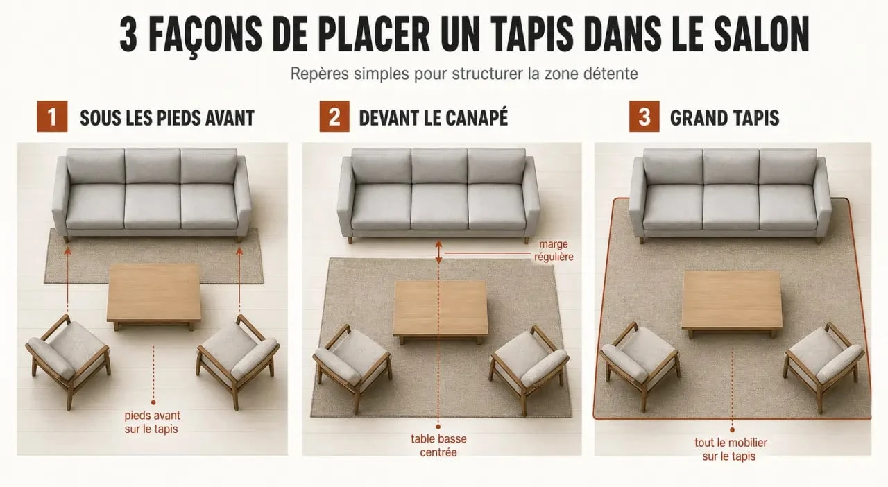 Tapis dans salon : trois positions possibles par rapport au canapé et à la table basse