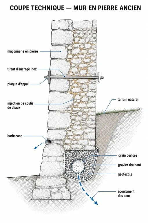 Schéma technique pour renforcer un mur en pierre qui penche avec drainage et tirants