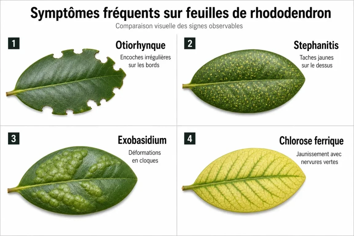 Comparatif visuel des maladies et carences du rhododendron pour aider au diagnostic des symptômes sur les feuilles.