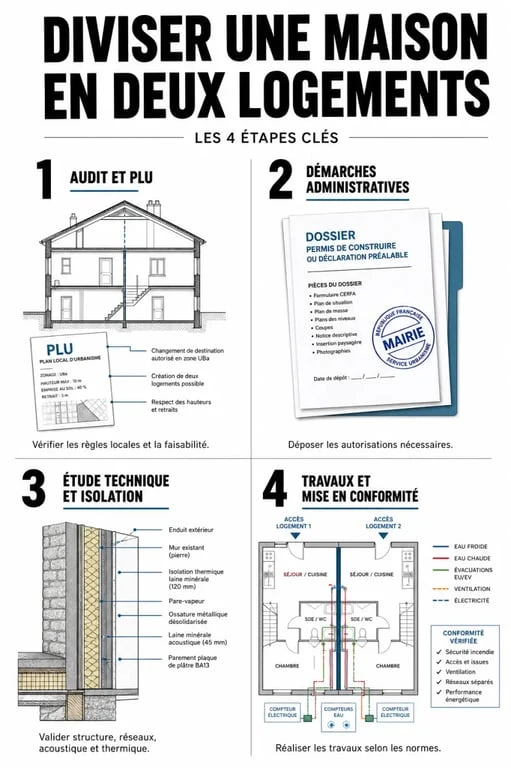 Infographie des étapes pour réussir son projet de maison divisée en 2 logements