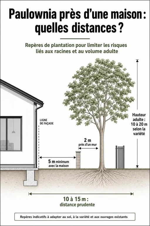 Paulownia distance maison : schéma des distances recommandées entre l’arbre, la maison, le mur et la limite de propriété