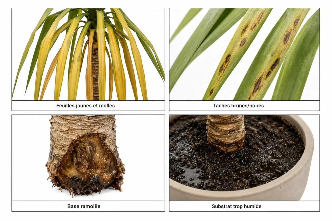 Photo de yucca malade montrant feuilles jaunes, taches brunes et tronc ramolli