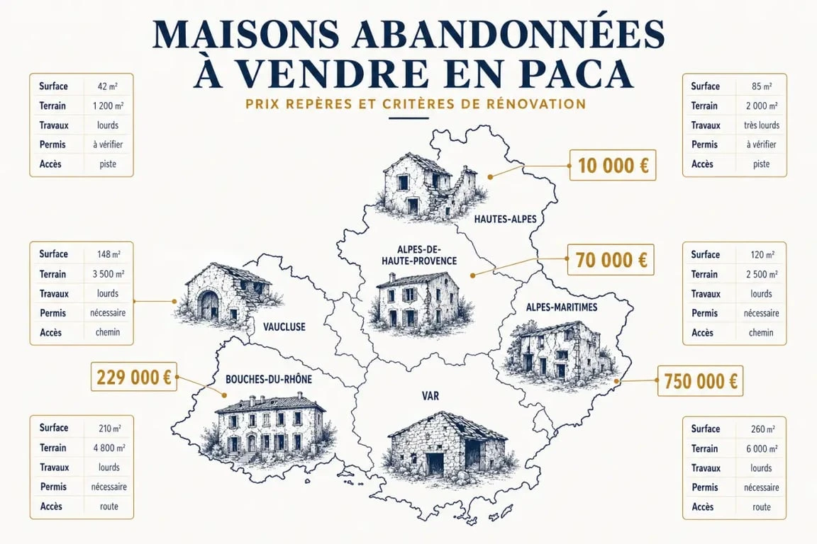 Maison abandonnée à vendre PACA : visualisation éditoriale des prix et des critères de recherche