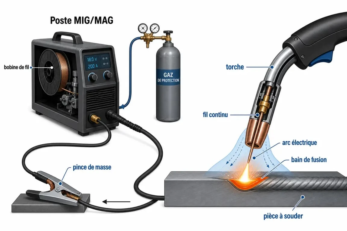 Schéma pédagogique pour souder au mig : poste, fil, gaz et torche en vue simplifiée