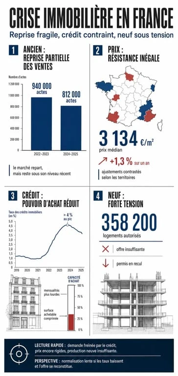 Infographie sur l’immobilier crise en France avec ventes, prix, crédit et logement neuf