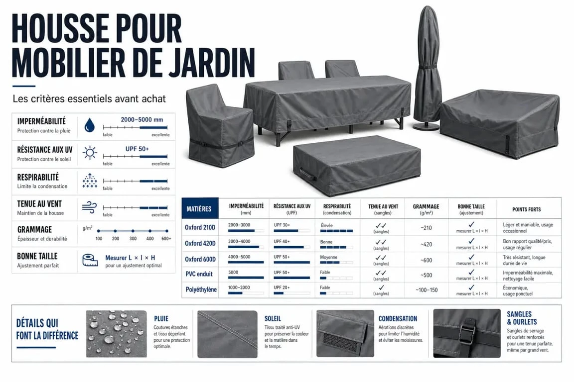 Comparatif visuel d’une housse pour mobilier de jardin avec matières, étanchéité et résistance aux UV