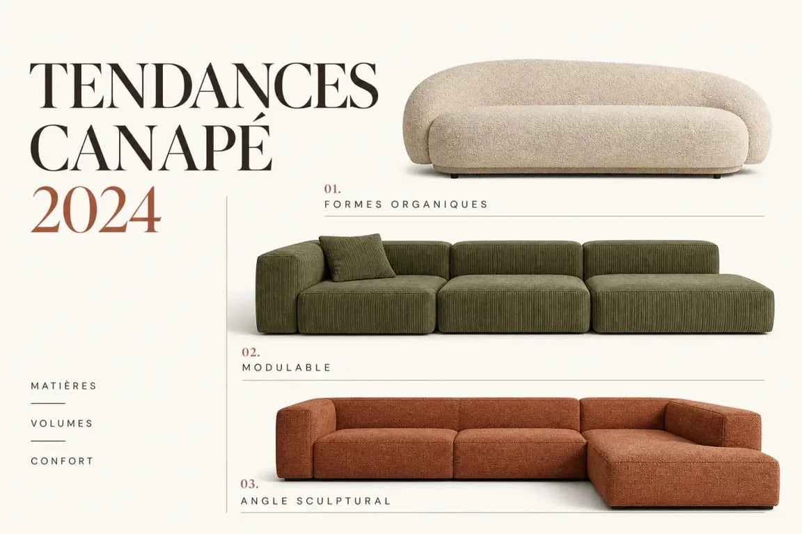 Canapé tendance 2024 : silhouettes arrondies, matières bouclé et velours, palette beige et kaki