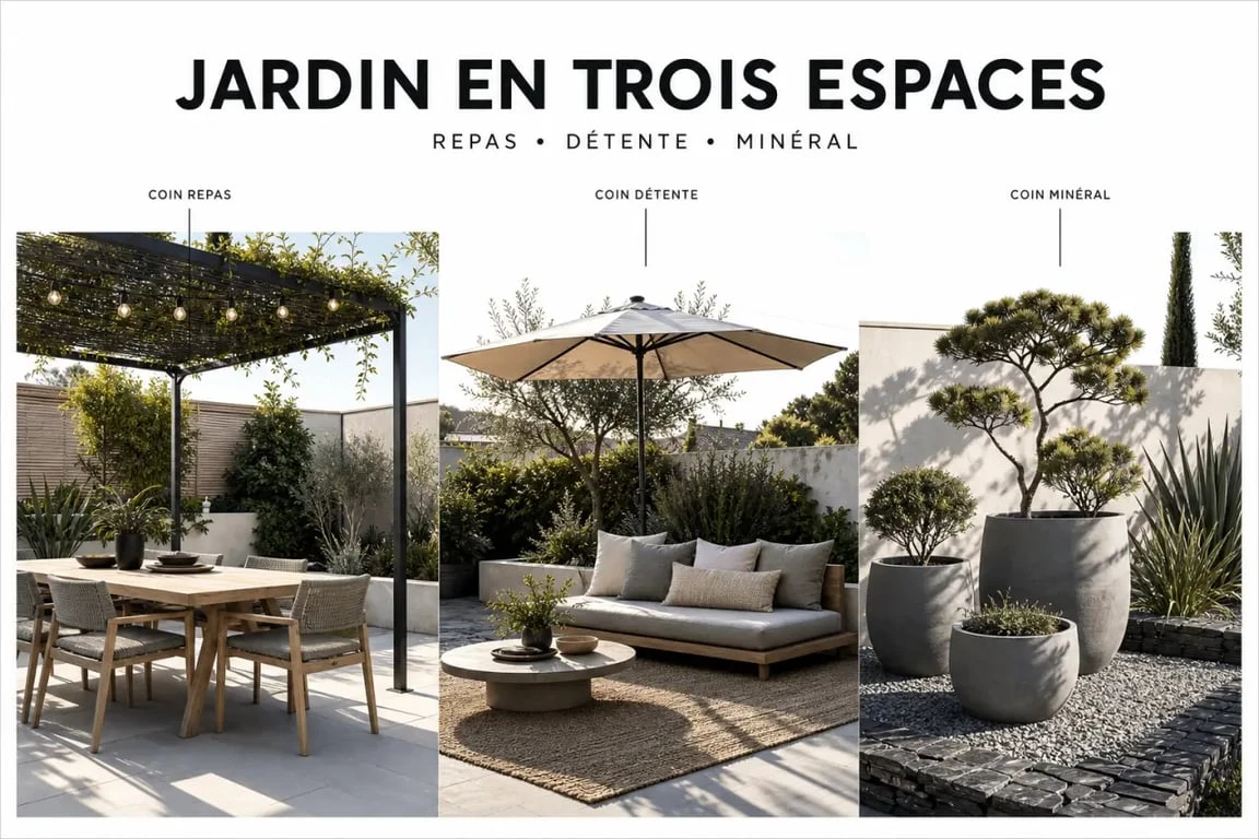 Déco jardin extérieur élégante avec coin repas, coin détente et zone minérale