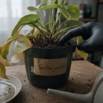 Feuille jaunissent sur plante en pot, terre humide