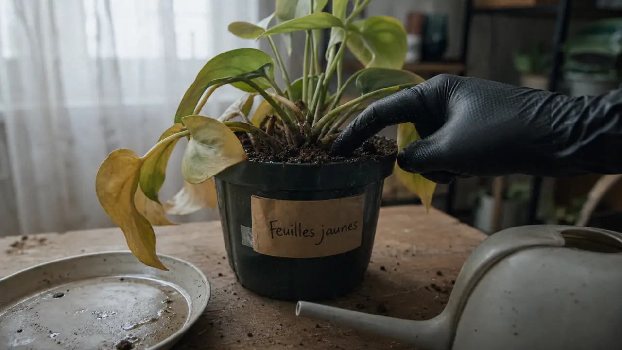 Feuille jaunissent sur plante en pot, terre humide