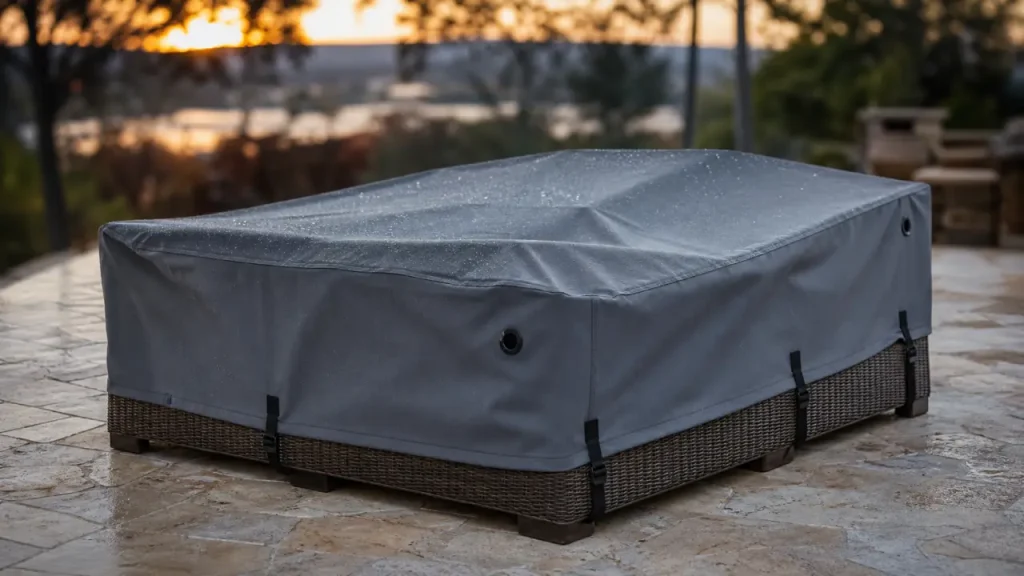 Housse pour mobilier de jardin 600D UV sur salon extérieur en résine tressée, avec coutures et œillets.