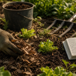 Jardinier bio : main qui paille, compost et carnet de suivi au potager