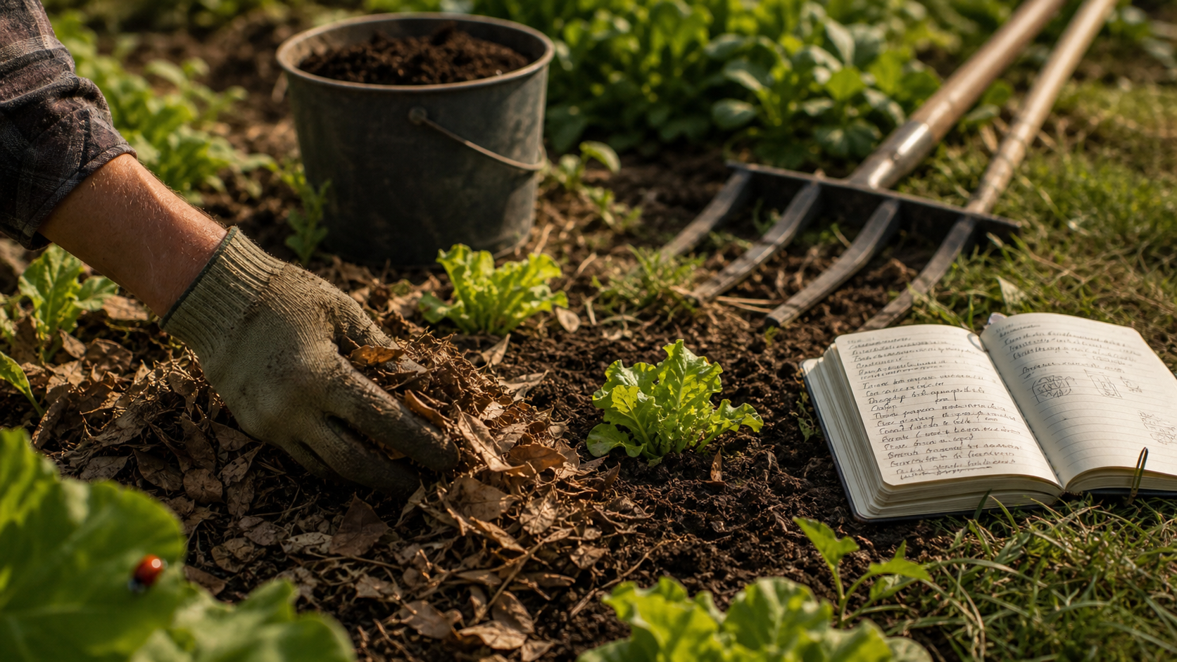 Jardinier bio : main qui paille, compost et carnet de suivi au potager
