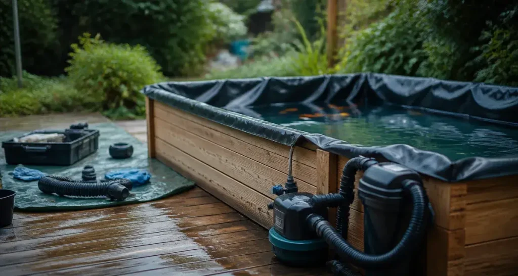 Kit bassin poisson hors sol en montage : cuve bois et liner EPDM, poissons