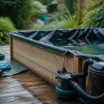 Kit bassin poisson hors sol en montage : cuve bois et liner EPDM, poissons