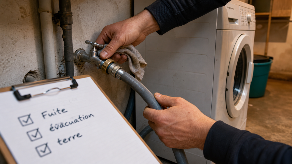Lave linge branchement : mains raccordant arrivée d’eau, checklist fuite et évacuation